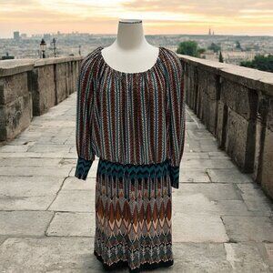 Maggy London Blouson Boho Peasant Midi Dress 8 Geometric Print Festival Retro‎
